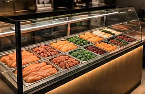 Balcão expositor com salmões e proteínas