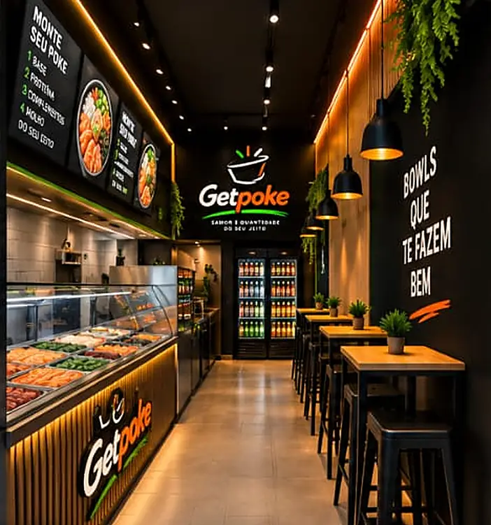 Salão interno com painéis do cardápio, balcão refrigerado e mesas altas